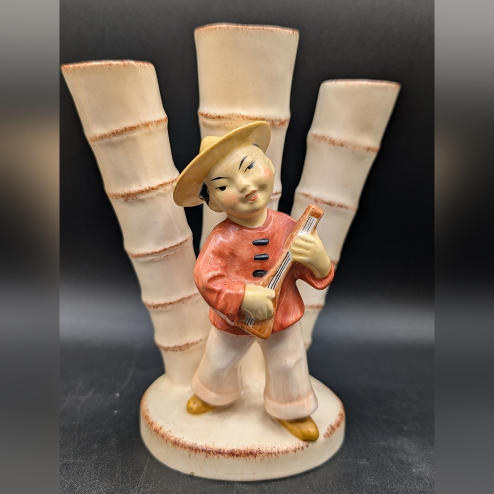 Vintage Erphila Germany Bamboo 3 Finger Vas, Asian Boy with String Instrument